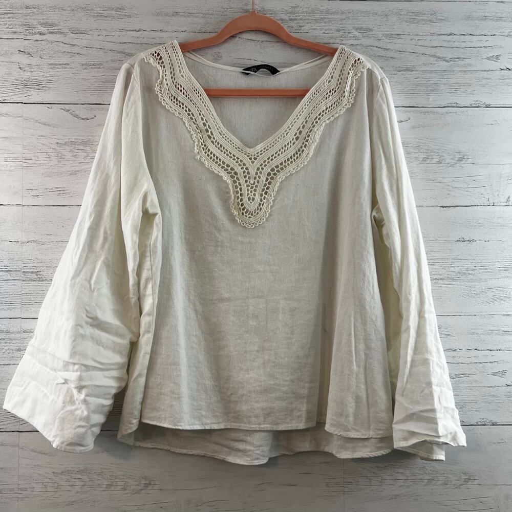 Zara White Linen Blend Open Knit V Neck Top Size XL